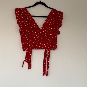 Deep V Red Blouse with White Hearts